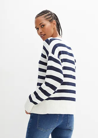 Sweter boxy z dzianiny w ażurowy wzór • ciemnoniebiesko-biel wełny w paski • bonprix obchod