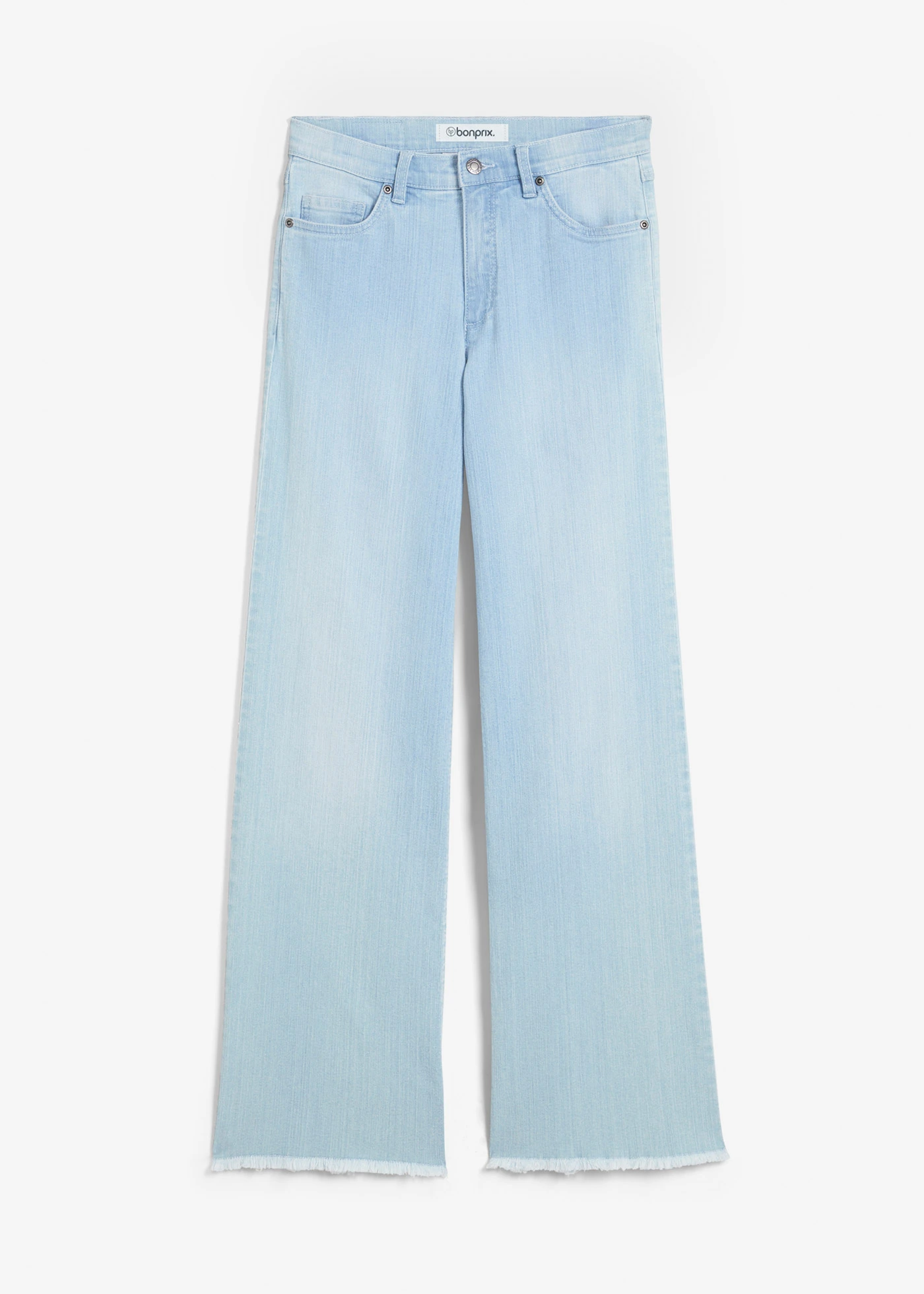 Jeansy ze stretchem wide leg, high waist • lodowy niebieski denim "used" • sklep bonprix