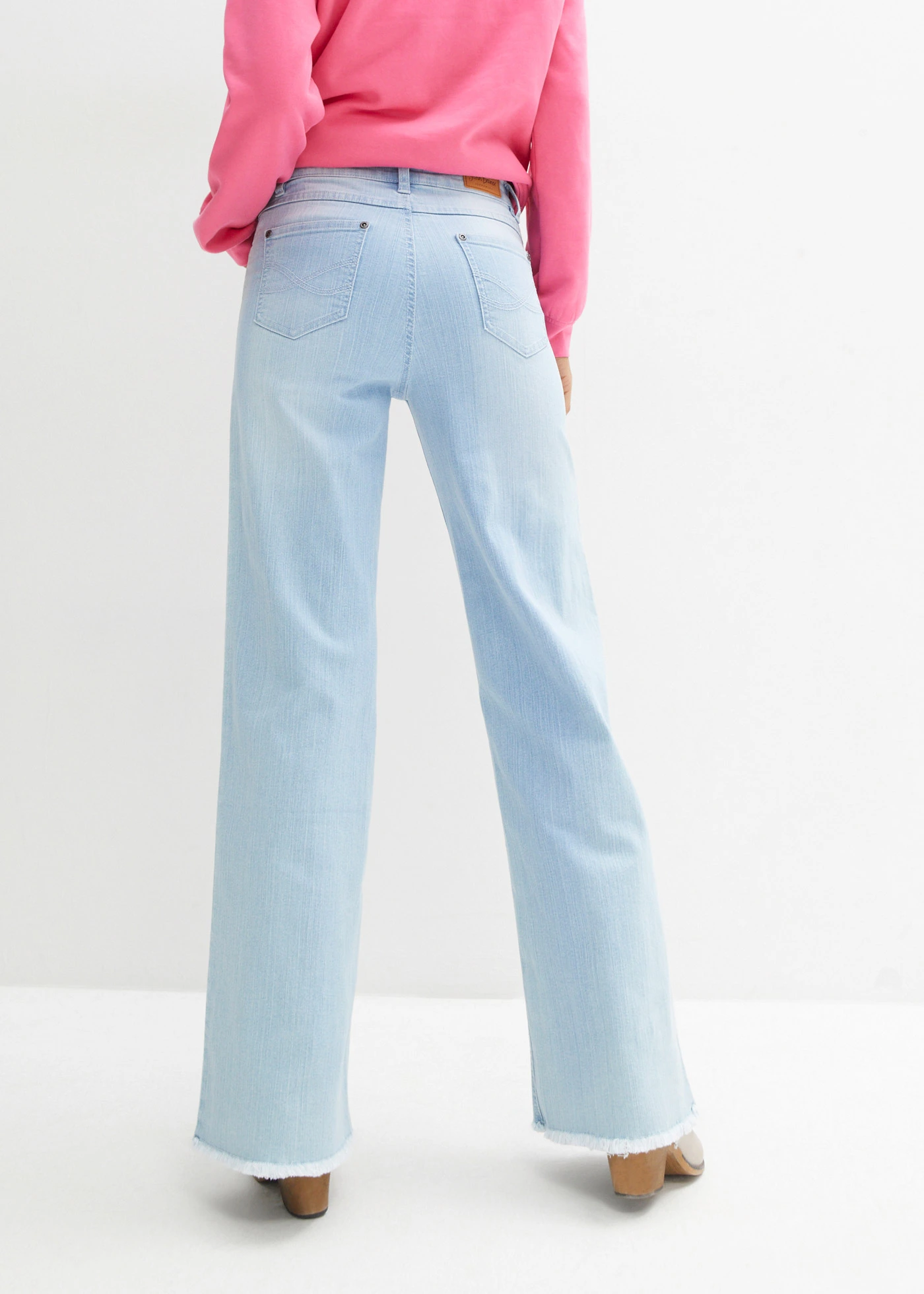 Jeansy ze stretchem wide leg, high waist • lodowy niebieski denim "used" • sklep bonprix