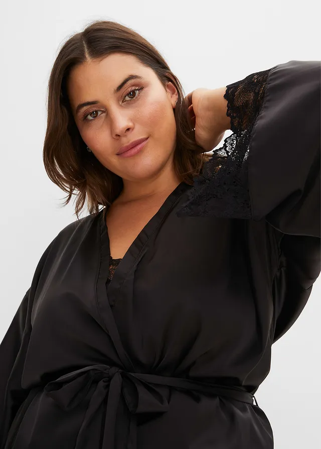Kimono en slipdress (2-dlg. set), Kleur: zwart
