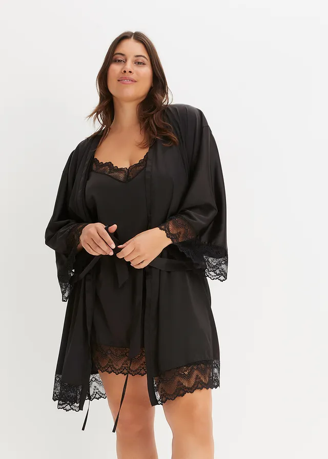 Kimono en slipdress (2-dlg. set), Kleur: zwart