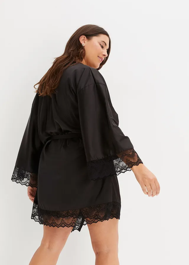 Kimono en slipdress (2-dlg. set), Kleur: zwart