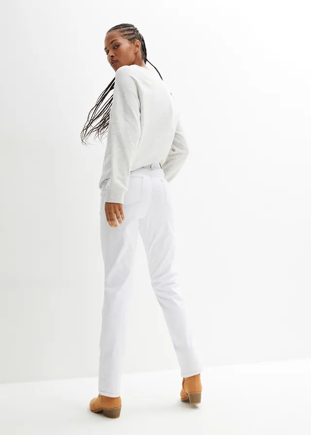 Stretch jeans mid waist, straight, Kleur: wit twill
