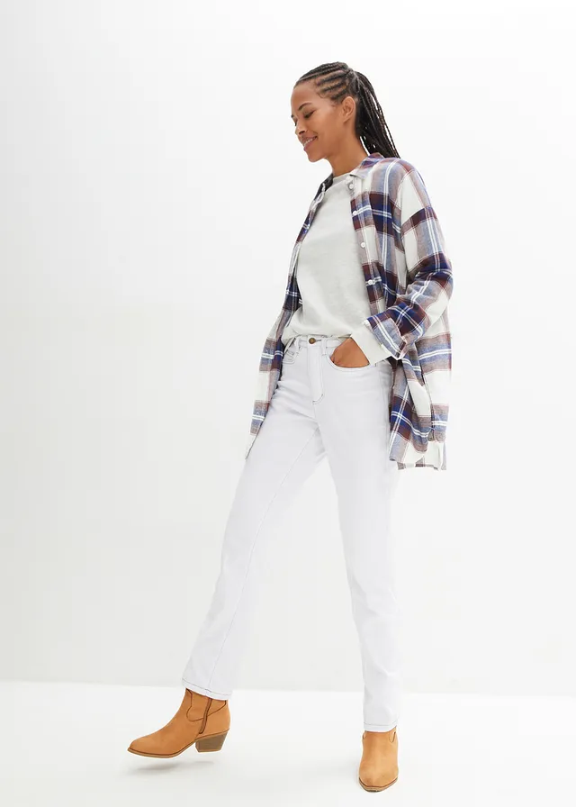Jean droit taille mi-haute, extensible, Couleur: blanc twill