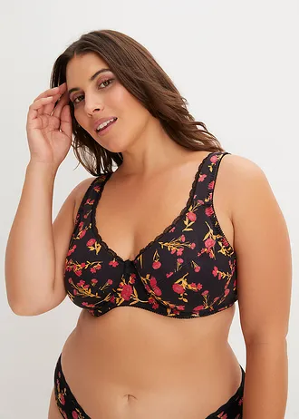 Lot de 3 soutien-gorge coton à armatures, Couleur: noir à fleurs + rouge grenat + noir