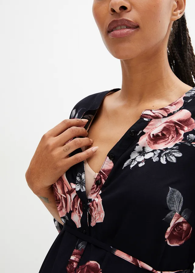 Robe-blouse de grossesse et d'allaitement en viscose fluide • noir à fleurs • product-page.page-title-suffix