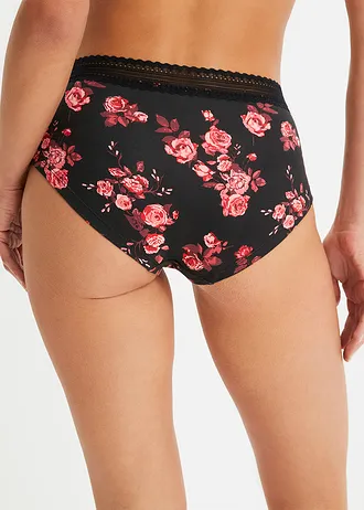 Maxi hipster (set van 4) met kant en biologisch katoen • zwart-briljantrood gebloemd • bonprix online shop