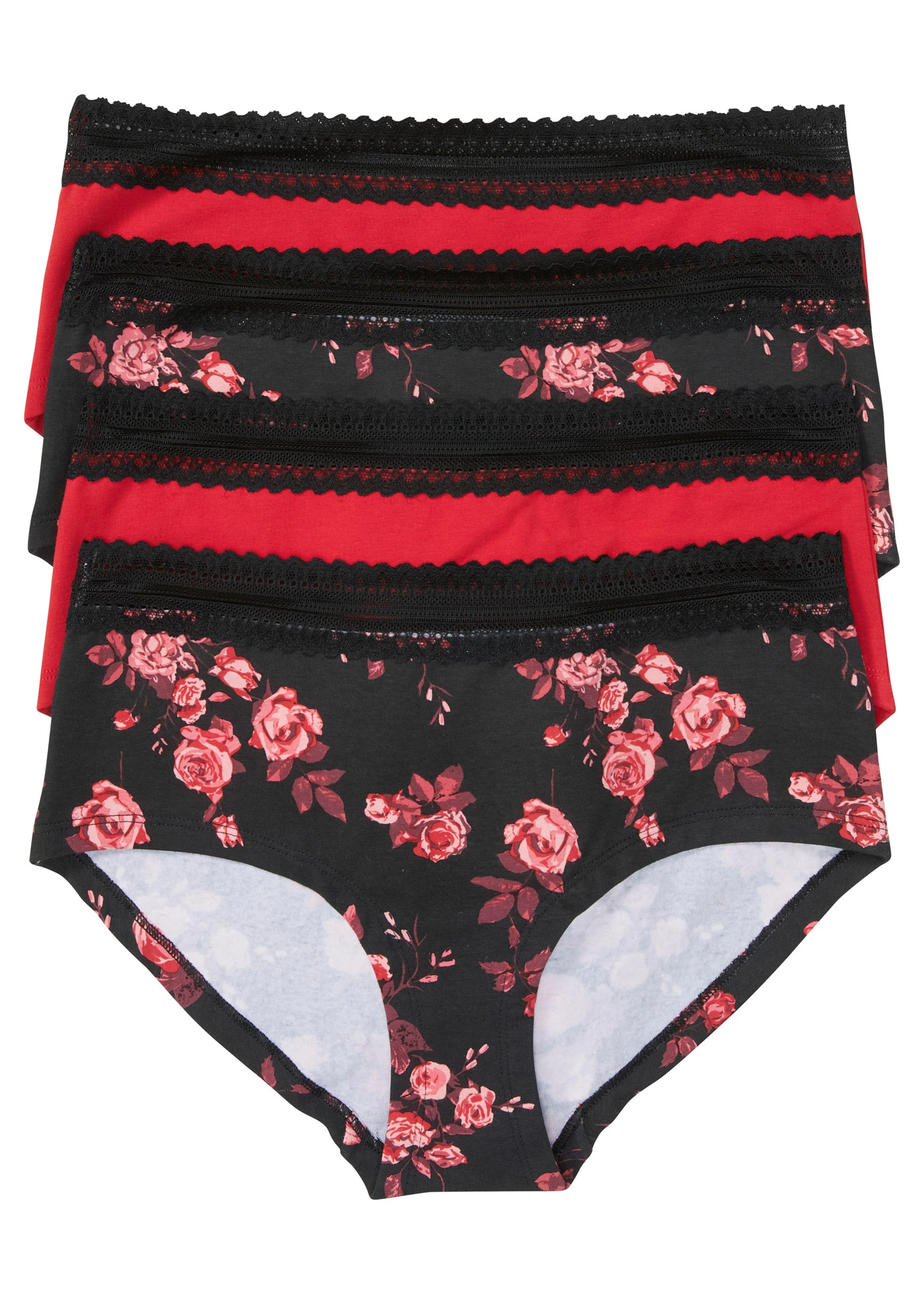 Chiloți panty maxi cu bumbac organic (set/ 4 buc.) • negru floral + negru + roșu-briliant • magazin bonprix