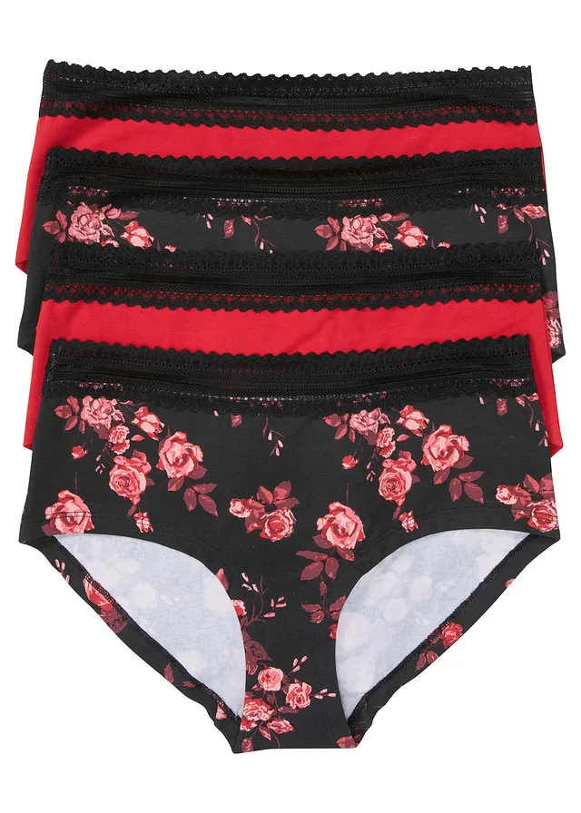 Lot de 4 culottes Maxi avec coton et dentelle, Couleur: noir/rouge brillant  à fleurs