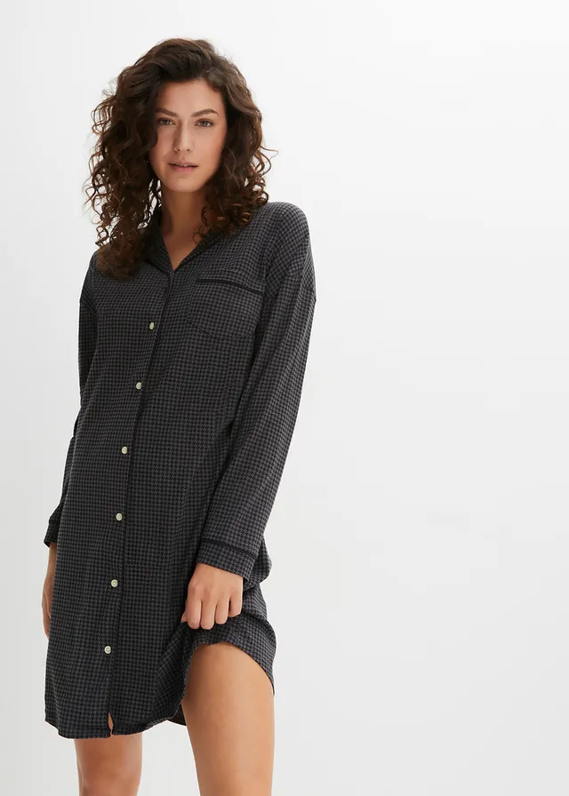 Chemise de nuit oversize 100% coton, Couleur: noir-gris motif