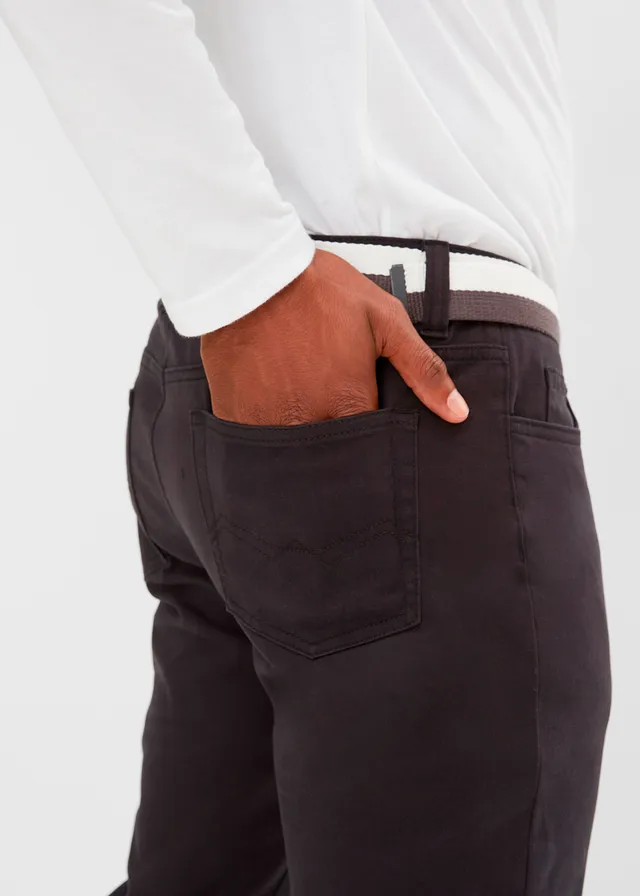 Regular fit stretch broek met riem, straight • zwart • product-page.page-title-suffix