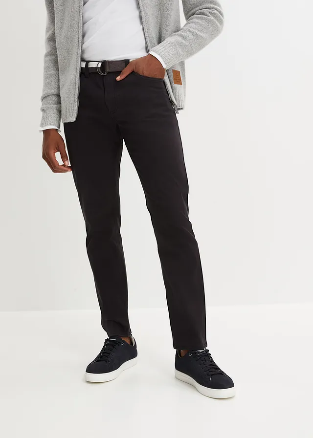 Regular fit stretch broek met riem, straight, Kleur: zwart