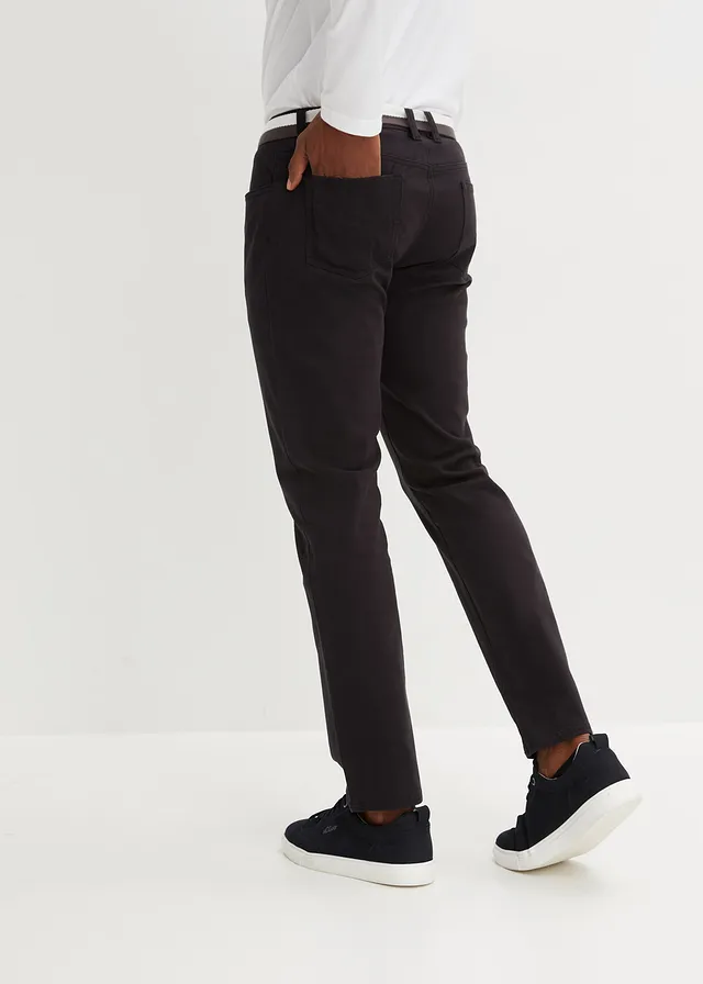 Regular fit stretch broek met riem, straight, Kleur: zwart