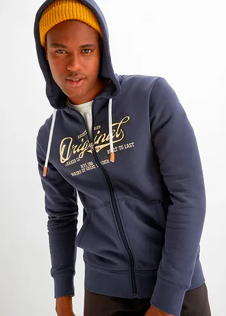 Jachetă casual cu glugă, cu dosul flaușat • bleumarin/galben-crem/negru • magazin bonprix