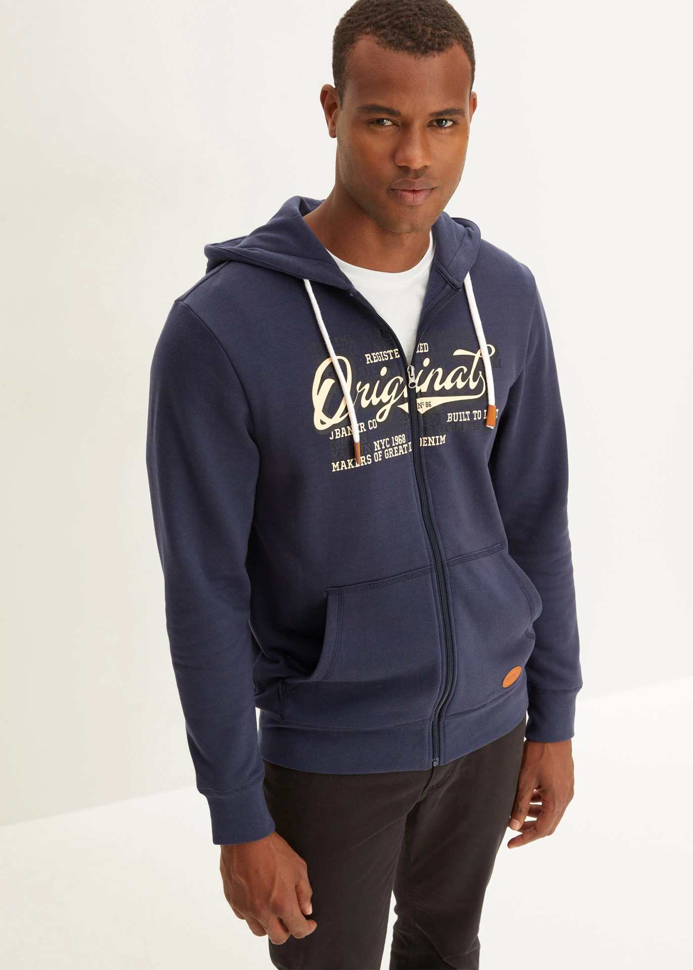 Sweatvest met capuchon • donkerblauw-crèmegeel-zwart • bonprix online shop