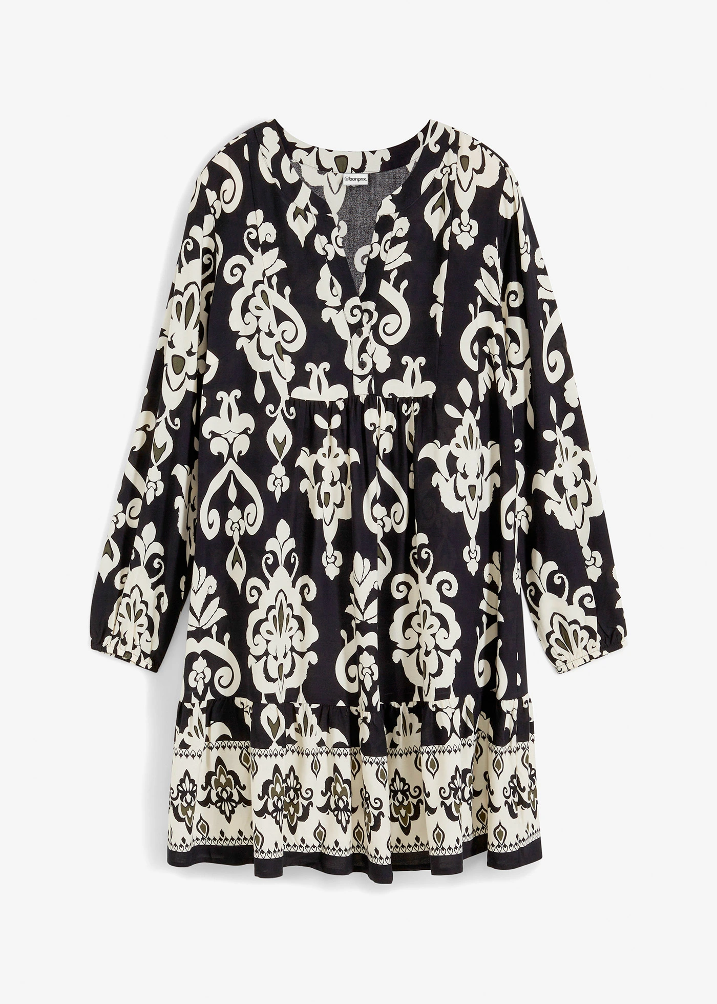 Rochie gen tunică din viscoză fluidă • negru-ecru cu imprimeu • magazin bonprix