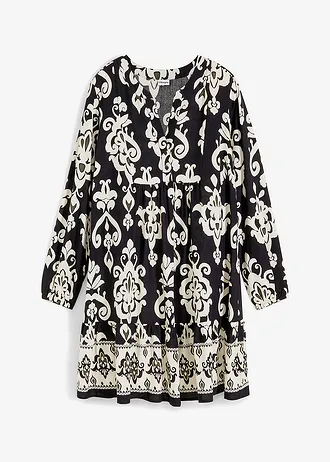 Rochie gen tunică din viscoză fluidă • negru-ecru cu imprimeu • magazin bonprix