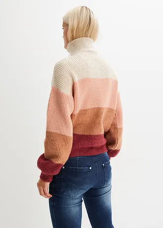 Svetr s límečkem na zip, barva: krémovo-starorůžovo-bordó s proužky