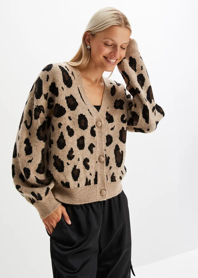 Jachetă tricotată cu model • bej melanj/negru/maro închis leo • magazin bonprix