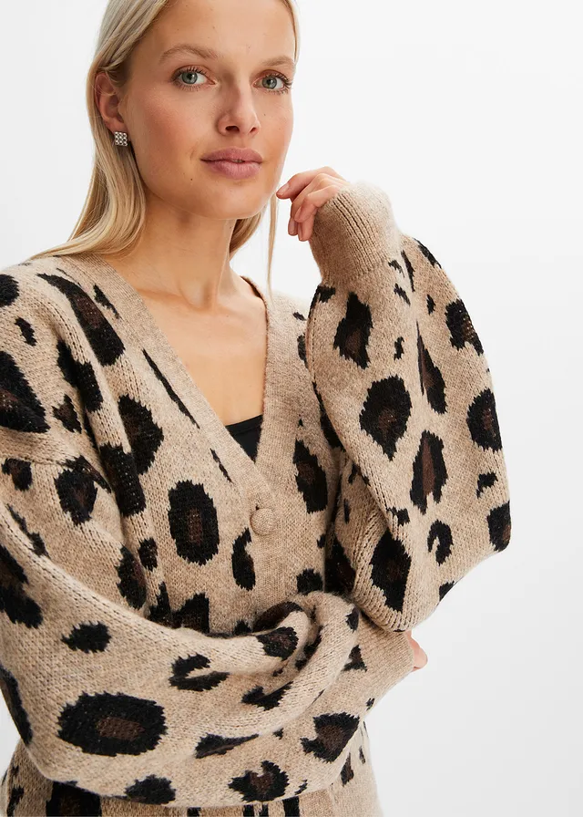 Jachetă tricotată cu model • bej melanj/negru/maro închis leo • magazin bonprix