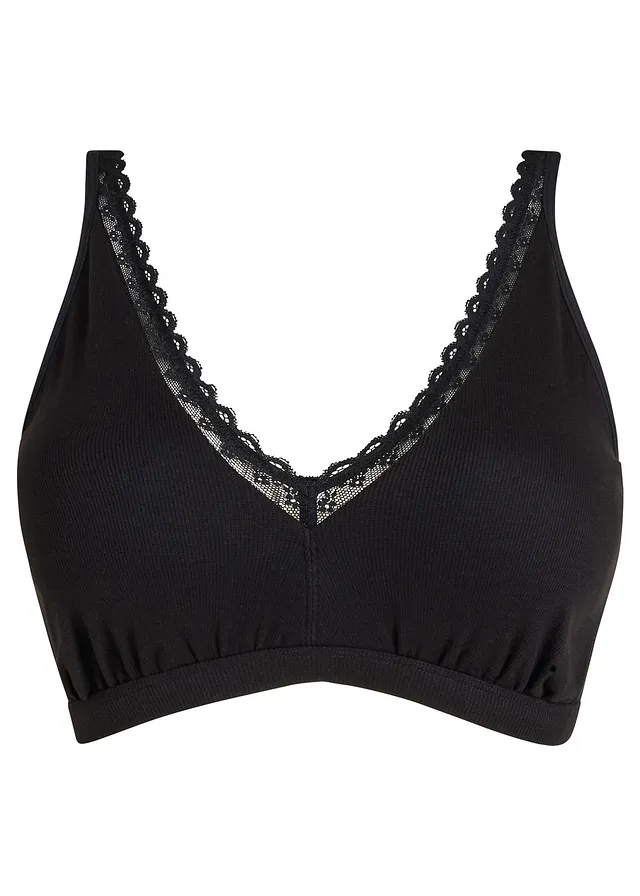 Geribde bralette met biologisch katoen en kant, Kleur: zwart