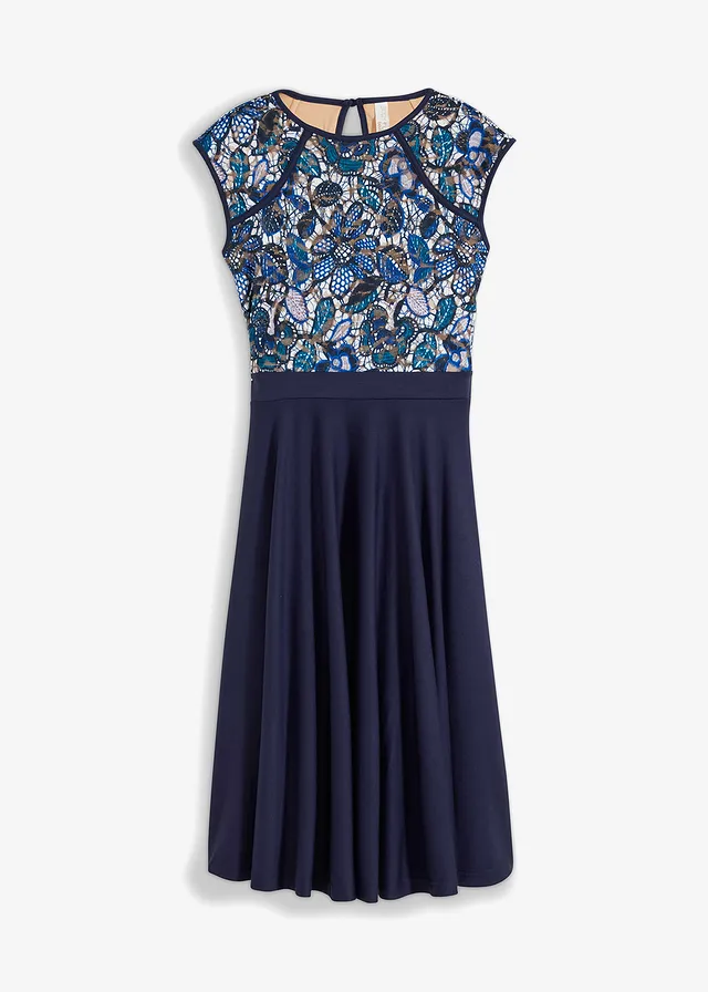 Midi jurk met kant, Kleur: donkerblauw gebloemd