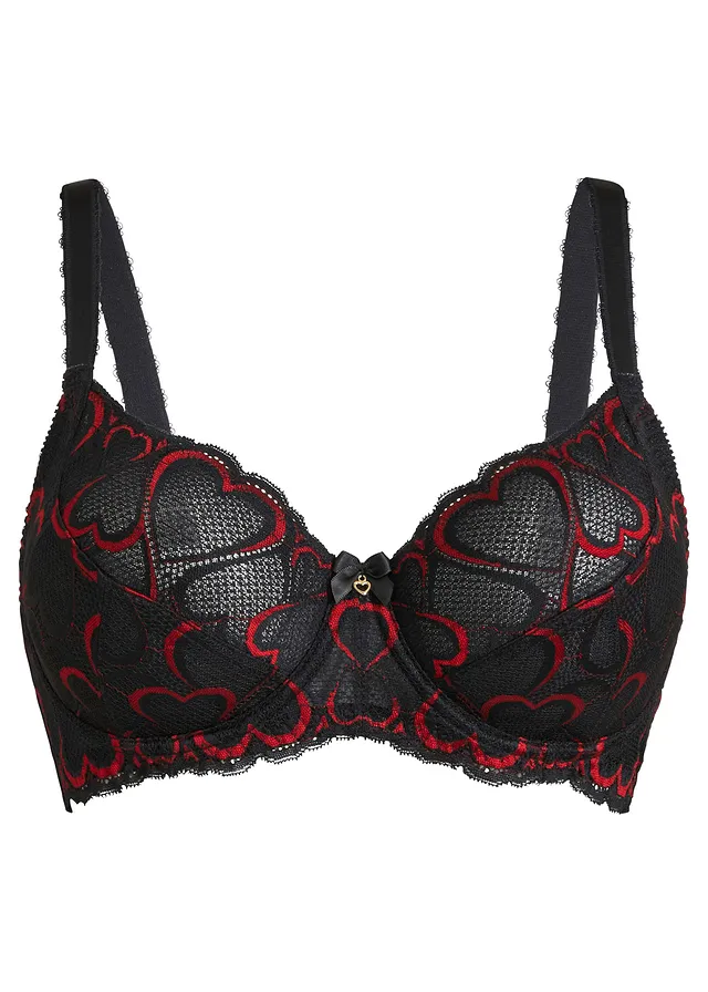 Sutien cu armătură și dantelă fină • negru-roșu-salsa • magazin bonprix