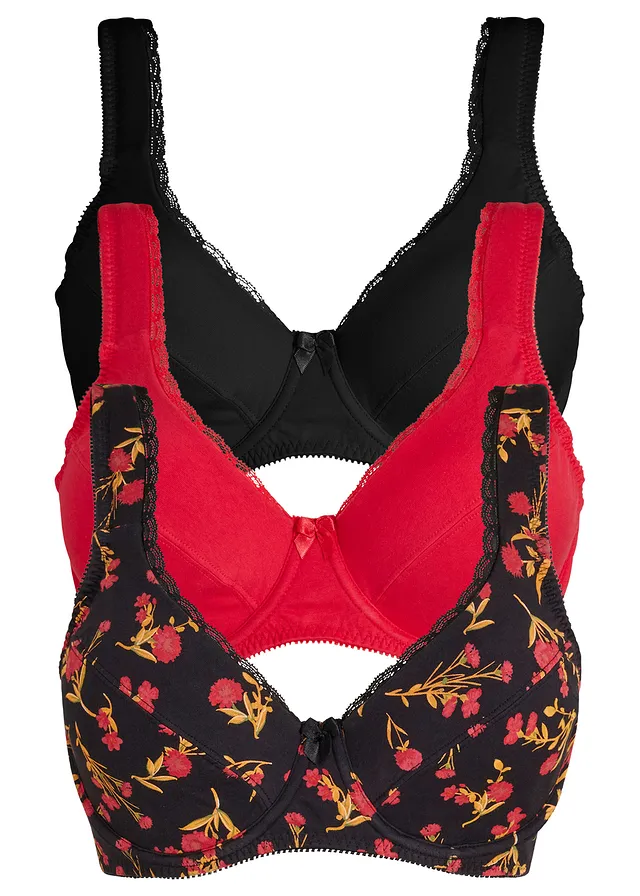 Sutien cu armătură din bumbac organic (3 buc.) • negru floral + grena + negru • magazin bonprix
