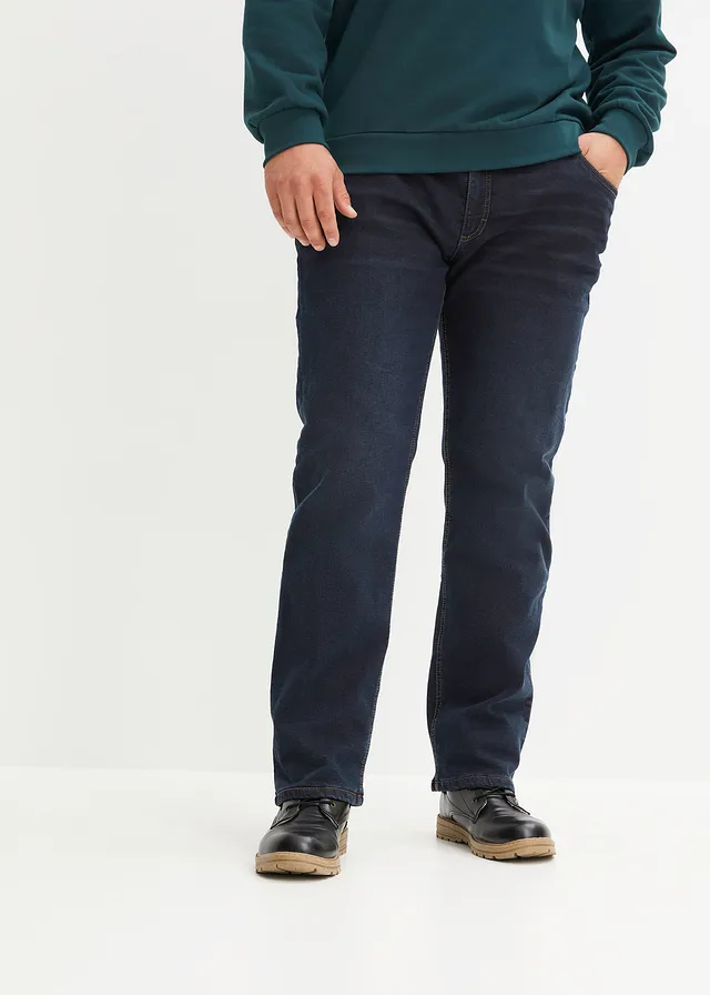 Jean extensible loose, taille élastiquée, doublure chaude, droit, Couleur: denim bleu foncé/camel