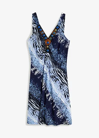 Jersey jurk in A-lijn, Kleur: blauw-wit gedessineerd