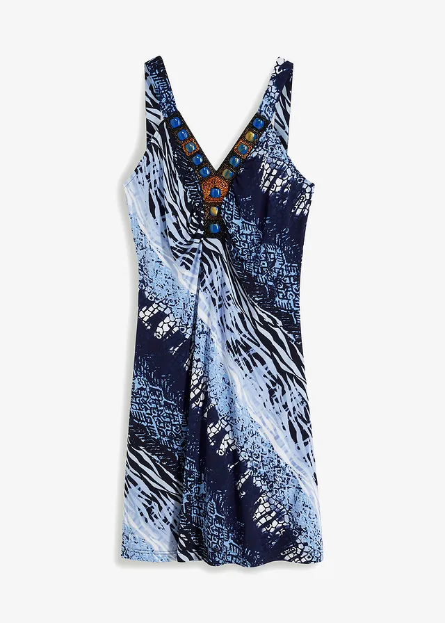 Robe trapèze en jersey, Couleur: bleu/blanc imprimé