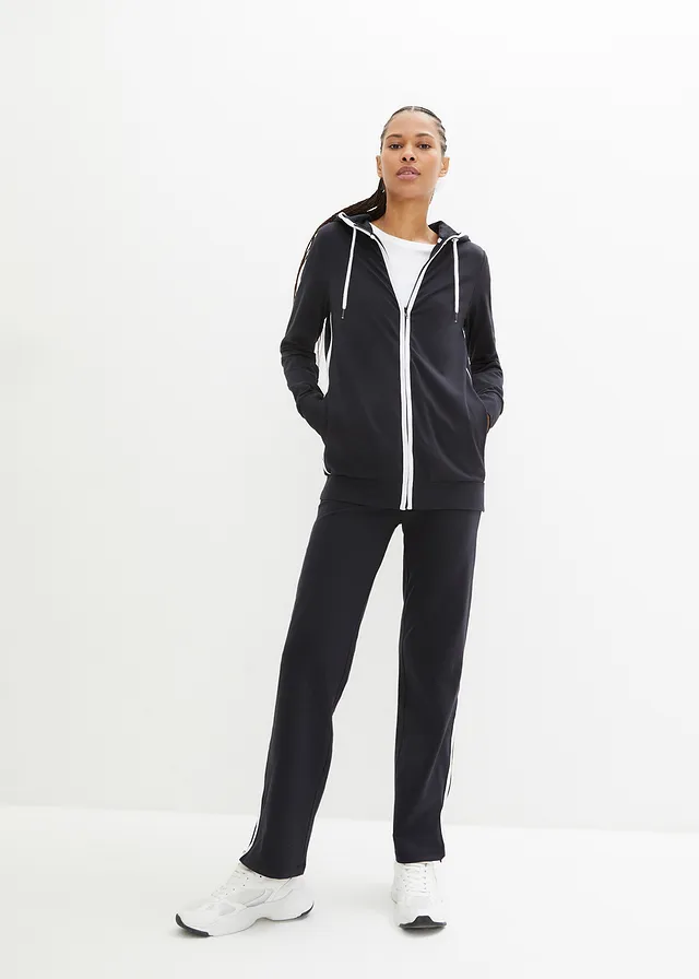 Stretch joggingpak van katoen (2-dlg. set), Kleur: zwart