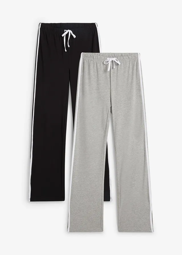 Lot de 2 pantalons en jersey coton extensible, Couleur: noir + gris clair chiné