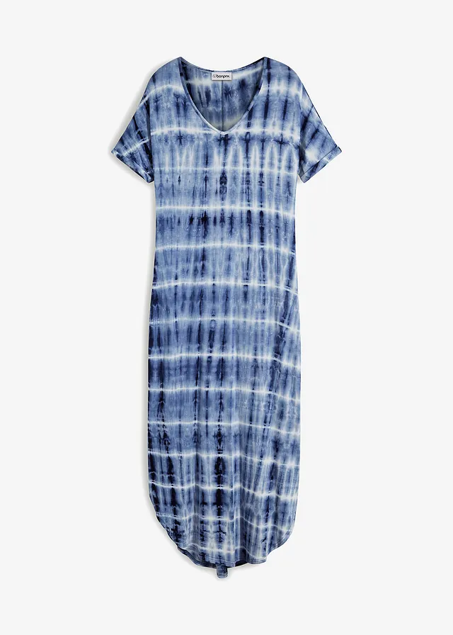 Robe longue en viscose fluide, Couleur: bleu/blanc imprimé