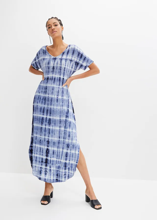 Robe longue en viscose fluide, Couleur: bleu/blanc imprimé