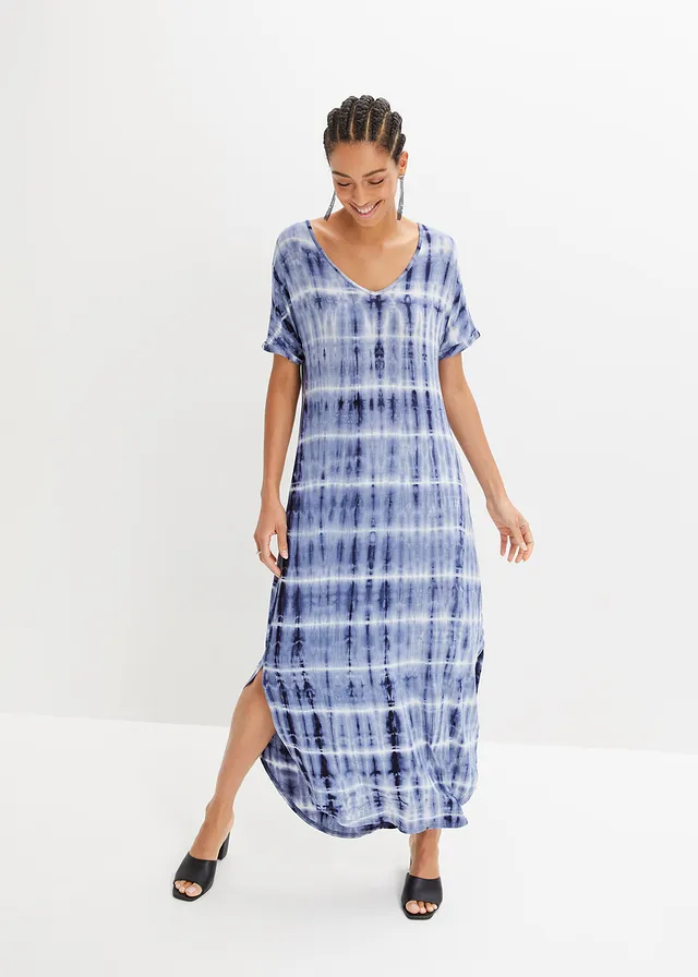 Robe longue en viscose fluide, Couleur: bleu/blanc imprimé