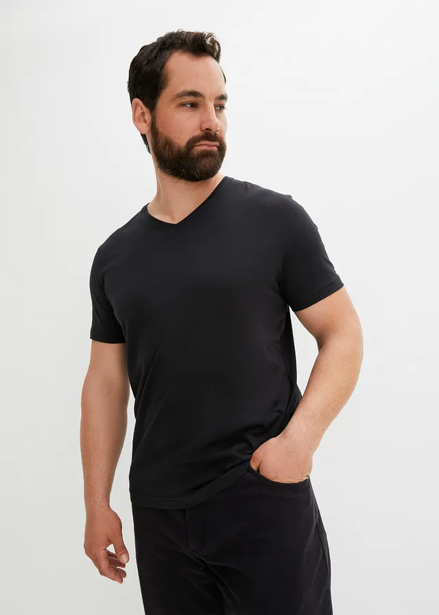 T-shirt met V-hals (set van 3), Kleur: 3x zwart