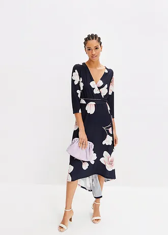 Žerzejové šaty s vázačkou a prodlouženým zadním dílem • tmavě modro-růžová s květy • bonprix obchod