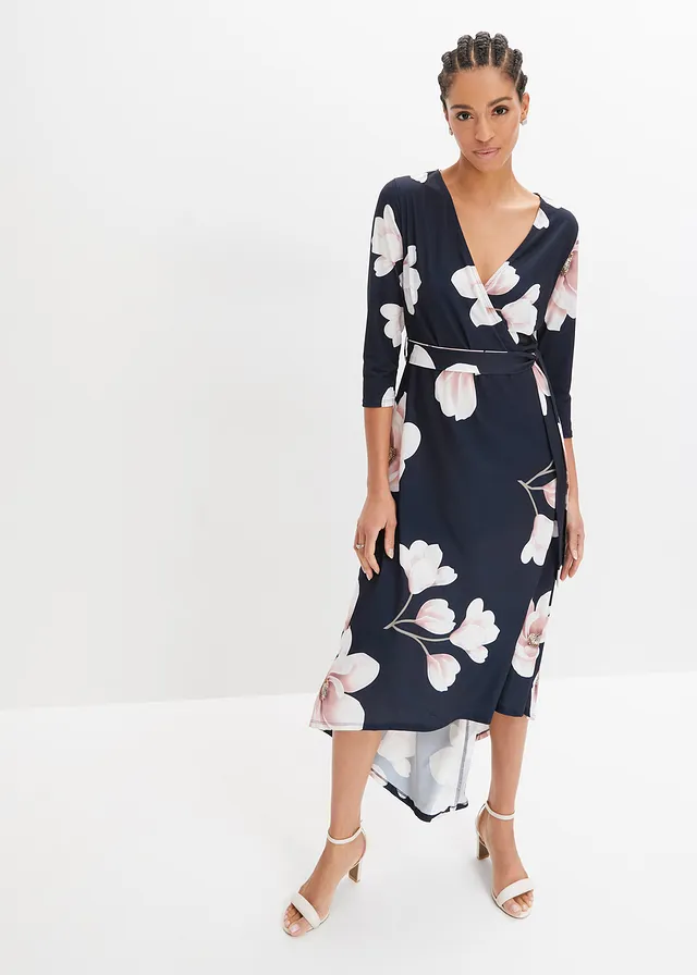 Robe longue derrière en jersey avec ceinture à nouer, Couleur: bleu foncé/rose floral