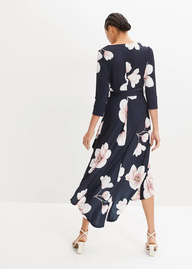 Robe longue derrière en jersey avec ceinture à nouer, Couleur: bleu foncé/rose floral