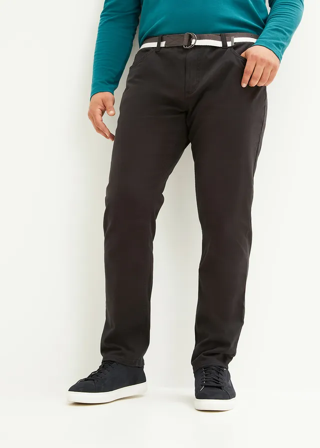 Regular fit stretch broek met riem, straight, Kleur: zwart