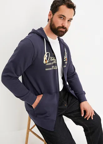 Sweat zippé à capuche, intérieur gratté doux, Couleur: bleu foncé-jaune crème-noir