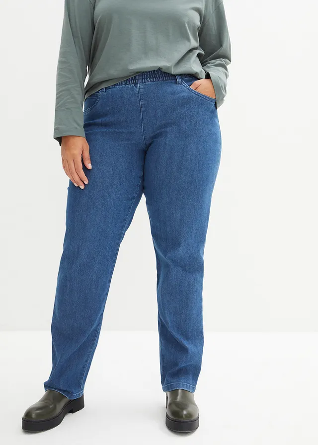 Lot de 2 jeans droits, taille mi-haute, Couleur: bleu denim+noir