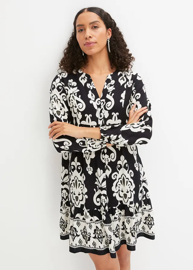 Robe-tunique imprimée en viscose fluide, Couleur: noir/écru imprimé
