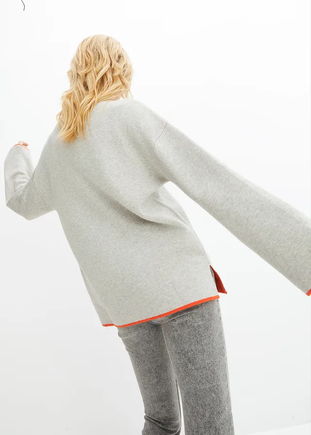 Pull réversible en fine maille, Couleur: gris clair chiné-rouge coquelicot