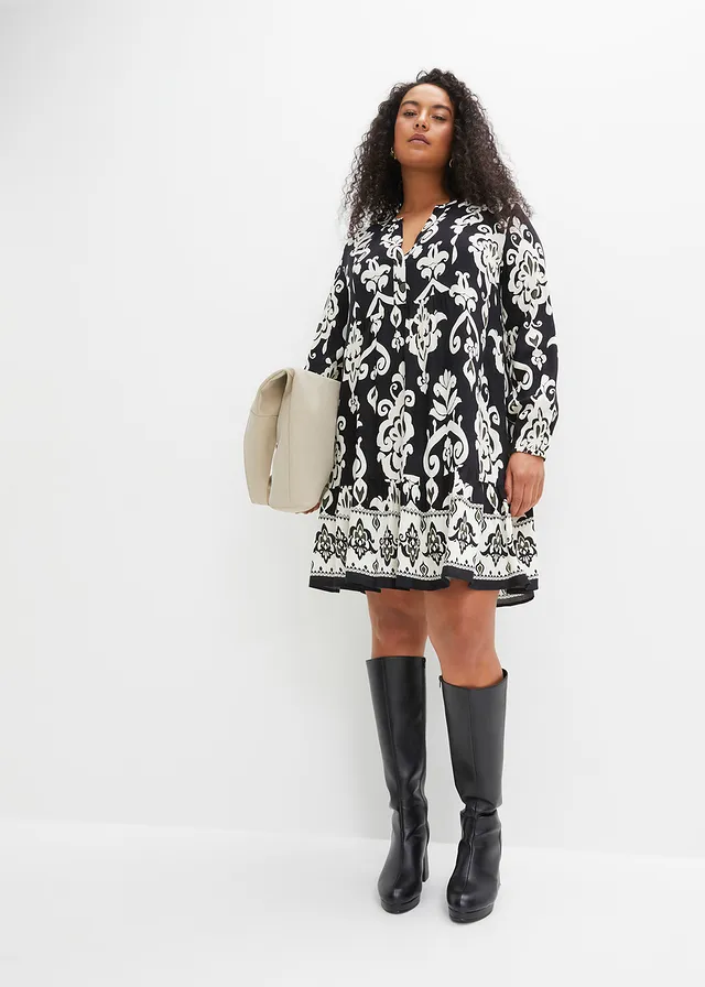 Robe-tunique imprimée en viscose fluide, Couleur: noir/écru imprimé
