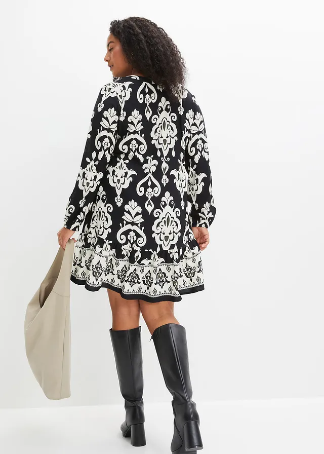 Robe-tunique imprimée en viscose fluide, Couleur: noir/écru imprimé