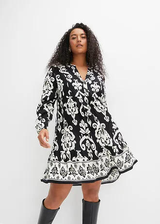 Rochie gen tunică din viscoză fluidă, culoare: negru-ecru cu imprimeu