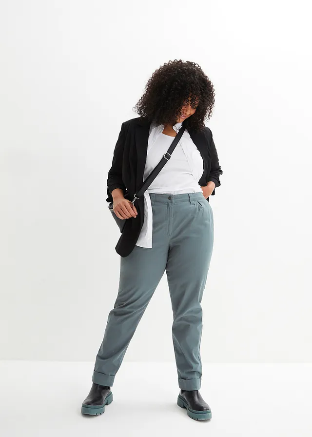 Pantalon chino en coton extensible, longueur cheville, Couleur: vert eucalyptus