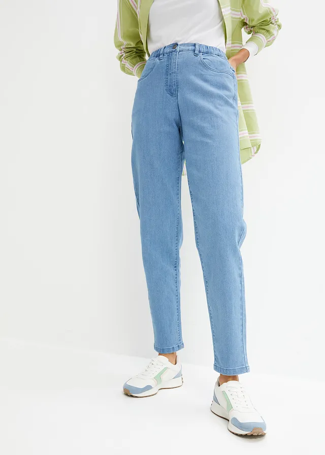 Jean mom taille haute, extensible, Couleur: denim bleu clair